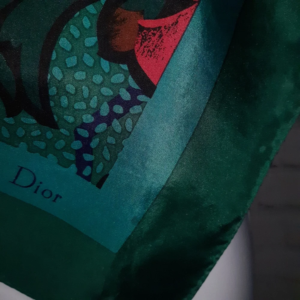 CHRISTIAN DIOR VTG Teal Red Floral Silk Scarf